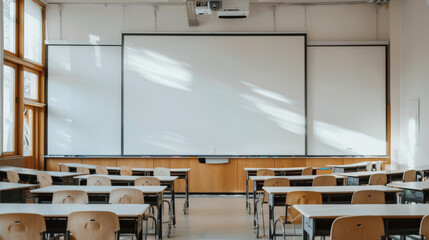 An empty classroom featuring a large white screen surrounded by wooden desks and chairs, illuminated by natural light from the windows, creating a calm and serene atmosphere.