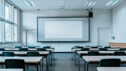 A modern, empty classroom featuring desks, a whiteboard, and a projector screen, illuminated by natural light through large windows, creating a clean and professional atmosphere.