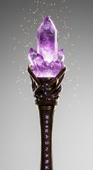 Purple crystal wand glows, ornate handle