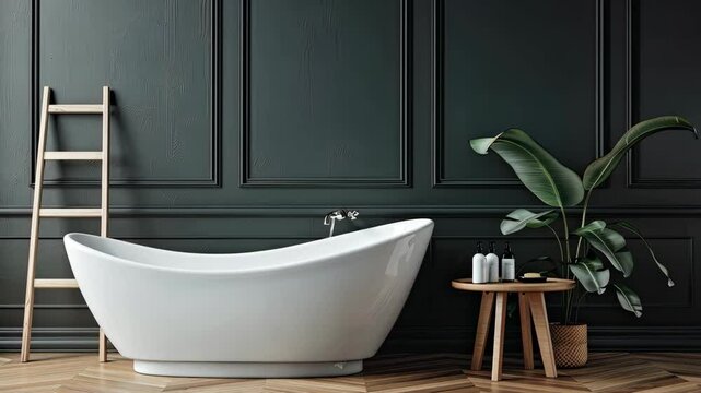 Discover a stylish bathroom showcasing a sleek freestanding tub, wooden ladder, and greenery enhancing the contemporary atmosphere