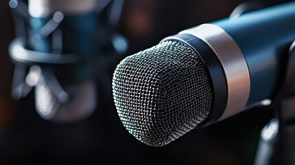 Close-up studio microphone, podcast recording, dark background