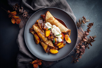 Enjoy a beautifully arranged plate of crepes filled with fruity toppings, served with a side of creamy sauce and presented on a modern black surface
