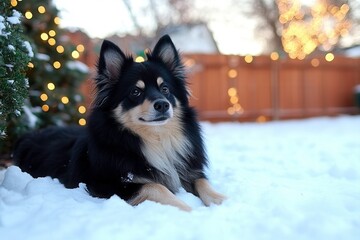 Black and Tan Dog Relaxing in a Snowy Backyard with Christmas Lights in Background