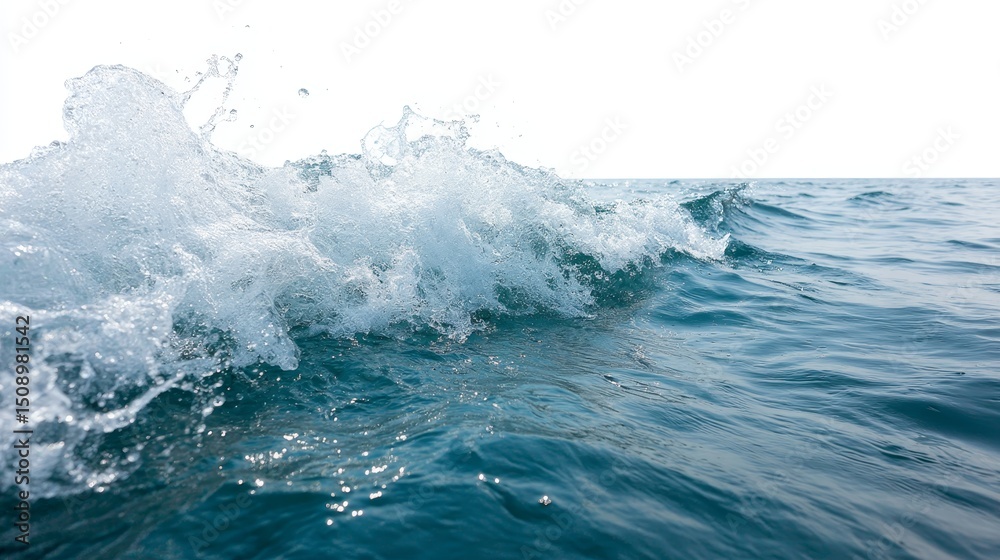 Poster Dynamic blue ocean wave crashing midsplash with detailed water textures and motion, isolated on background with ample copy space for creative use