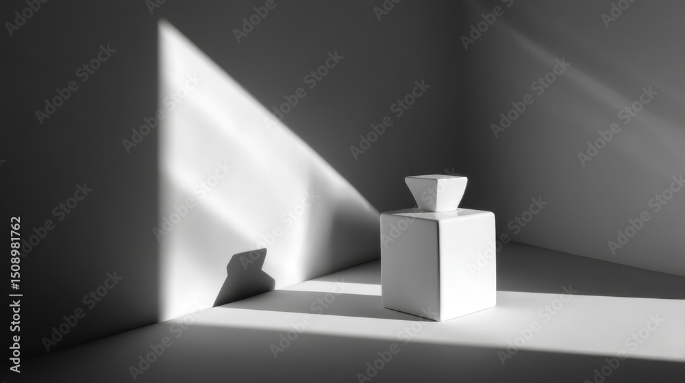 Poster minimalist white ceramic bottle on matte gray background with elongated shadows and diagonal light, 