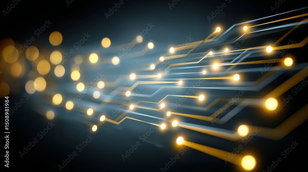 Leinwandbilder Futuristic digital network with glowing interconnected nodes and circuit pathways on dark background symbolizing technological innovation
