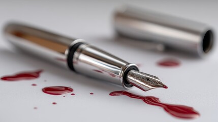 Fototapeta premium Elegant silver fountain pen with red ink trail and scattered droplets on white surface, closeup shot highlighting sharp contrast and sleek textures with ample copy space on right