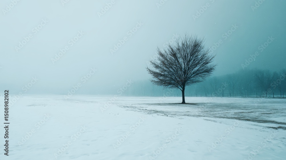 Poster solitary leafless tree standing in snowcovered field during winter snowfall under dusky bluish sky w
