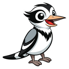 Adorable cartoon bird with black and white feathers appears to be smiling gently