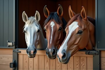 Obraz premium Three horses peek out from their wooden stable, each displaying distinct colors and expressions. The warm glow of sunset creates a serene atmosphere, bringing out their beauty