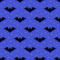 Pixel bats on the background of dark blue night sky with stars. Seamless pattern, background, print, vector illustration