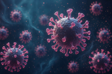 3D close-up of virus particles in dark space. Great for scientific, medical, pandemic-related visuals, and healthcare awareness designs.
