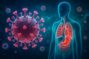 Virus and human anatomy showing lungs and digestive system. Perfect for medical visuals, health awareness, and scientific illustrations.