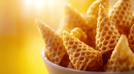 Honeycomb cereal bowl, close-up, sunlit kitchen