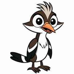 Cartoon bird stands upright, showcasing brown and white feathers with its bright orange beak