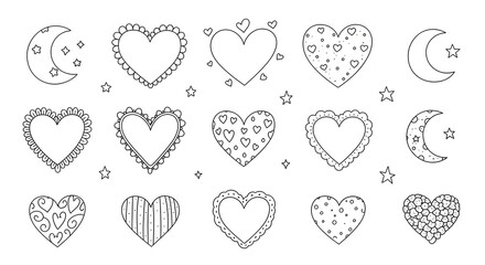 Set of whimsical hand drawn hearts (solid, outline, decorated), tiny stars, and celestial crescents. Coquette vintage line art with playful details. Vector doodles. 