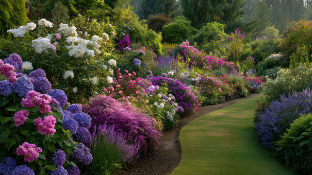 stunning garden border filled with colorful flowers, including hydrangeas and roses, creates vibrant landscape. lush greenery and diverse blooms evoke sense of joy and beauty