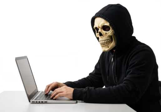 A man with a skull mask and hoodie sits at a laptop, concentrating on the task at hand.