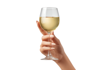 PNG Female hand holding glass of white wine against black background