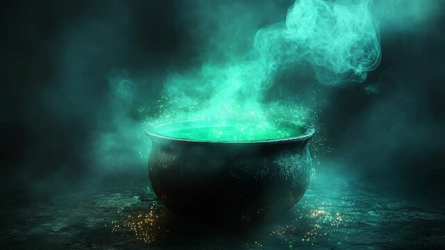 Mystical cauldron bubbling with green magic smoke