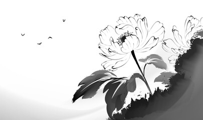 Horizontal watercolor and ink painting art illustration of peony flowers © jm