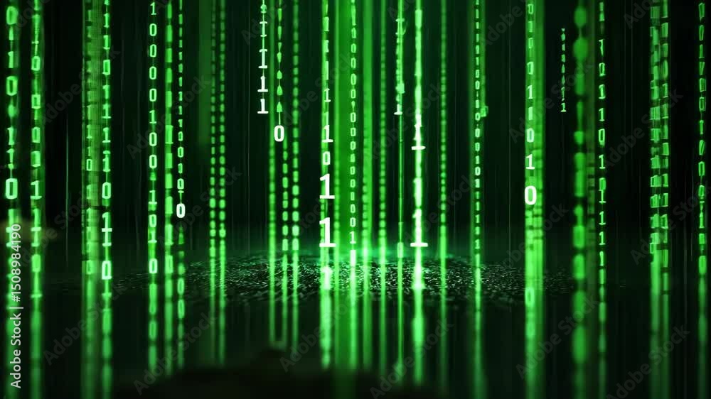 Poster digital rain effect with green binary code falling on dark reflective surface background