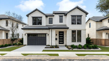 Fototapeta premium Modern Two-Story House Exterior With Gray Garage And White Stone Facade