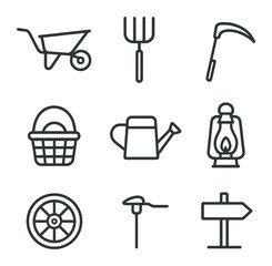 Vintage Farm Icons. Outline icon set of vintage farm equipment and produce: old wheelbarrow, wooden crate, pitchfork, scythe,