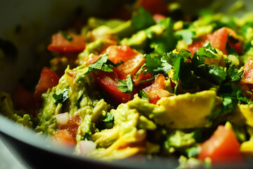 Freshly prepared guacamole features ripe avocados mixed with tomatoes, onions, and cilantro, served in a white bowl. Perfect for sharing at gatherings or enjoying as a snack