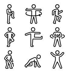 Warm-Up Icons Grid. Outline icon set of warm-up routines: knee hug, arm circle, high knee, hip openers, leg swing, torso twist,