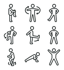 Warm-Up Icons Grid. Outline icon set of warm-up routines: knee hug, arm circle, high knee, hip openers, leg swing, torso twist,