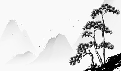 Horizontal watercolor ink art illustrations of pine trees and landscapes