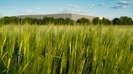 : A green field with tall grass leads to a distant industrial building under a bright sky, framed by trees. The contrast between nature and industry highlights balance, growth, and sustainability