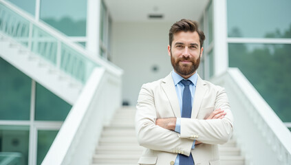 Fototapeta premium businessman has her arms crossed over her chest against the background of the stairs in light tones