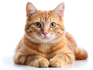 A fluffy orange tabby cat lies elegantly on a clean white surface, gazing with wide green eyes. Its soft fur and attentive expression convey a sense of calm and curiosity