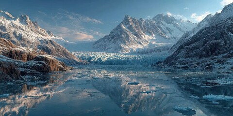 Serene glacial landscape with towering mountains and calm blue waters in the early morning light
