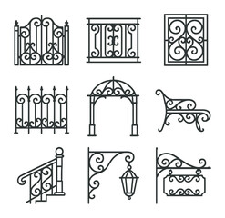 Wrought Iron Icon Set. Outline icon set of wrought iron architectural elements: ornamental gate, balcony railing, window grille,
