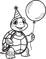 Cartoon vector illustration of a funny turtle clown with balloons and a gift, celebrating a child's birthday party