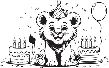 Cartoon animal birthday cards featuring vector illustrations of cute cat, bear, lion, or tiger heads with wild fur