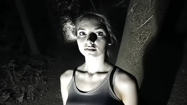 Mysterious portrait of a young woman in a dark forest path, illuminated by faint light, evoking intrigue