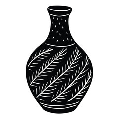 Elegant Black and White Vase Illustration Hand-Drawn Pottery Design with Leaf Pattern