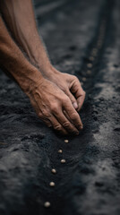 Close-up of aged, calloused hands of a person planting seeds in dark soil illustrating a connection to nature and hard work in agriculture
