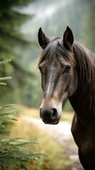 Obraz premium Majestic horse gazes peacefully in a forest setting during early morning hours