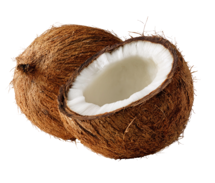 Two Coconuts with One Cut Open on Transparent Background