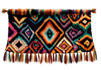 A colorful blanket with tribal patterns and tassels, isolated on a transparent background