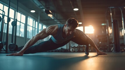 A realistic process of stretching exercises before and after a workout, demonstrated in a gym setting. --ar 16:9 --v 6.1 Job ID: c5d74913-33c9-404d-8536-60d6f2209506