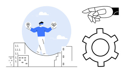 Person balancing lightbulb and handshake icons atop cityscape, robotic hand, gear. Ideal for technology, innovation, AI, automation, teamwork, progress simple landing page