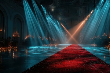Elegant ballroom illuminated by dramatic lighting and a vibrant red carpet features a mesmerizing atmosphere for special events