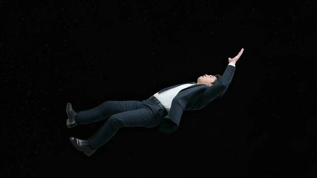 中年ビジネスマンが暗黒空間を落下しながらもがく、人生転落のイメージ