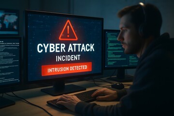 Cyber Intrusion Alert: A man faces an on-screen cyber attack warning with intense focus. Concept of digital safety.